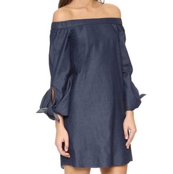 Tibi Off The Shoulder Chambray Mini Dress In Dark Blue Denim Size 4 NWOT'S - Picture 2 of 10